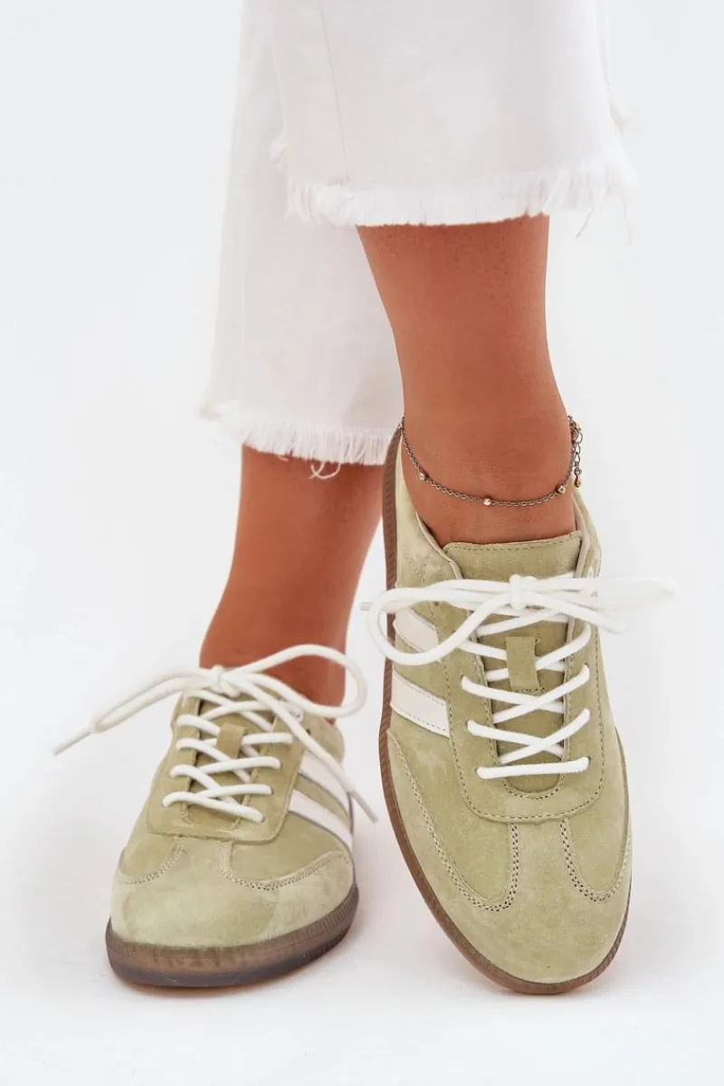 Outlet Niskie Skórzane Sneakersy Damskie Limonkowe Ismina Damskie Sneakersy Damskie