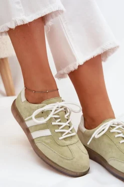 Outlet Niskie Skórzane Sneakersy Damskie Limonkowe Ismina Damskie Sneakersy Damskie