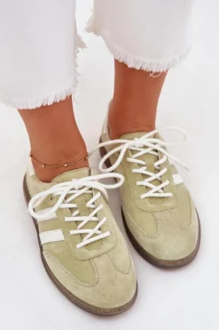 Outlet Niskie Skórzane Sneakersy Damskie Limonkowe Ismina Damskie Sneakersy Damskie