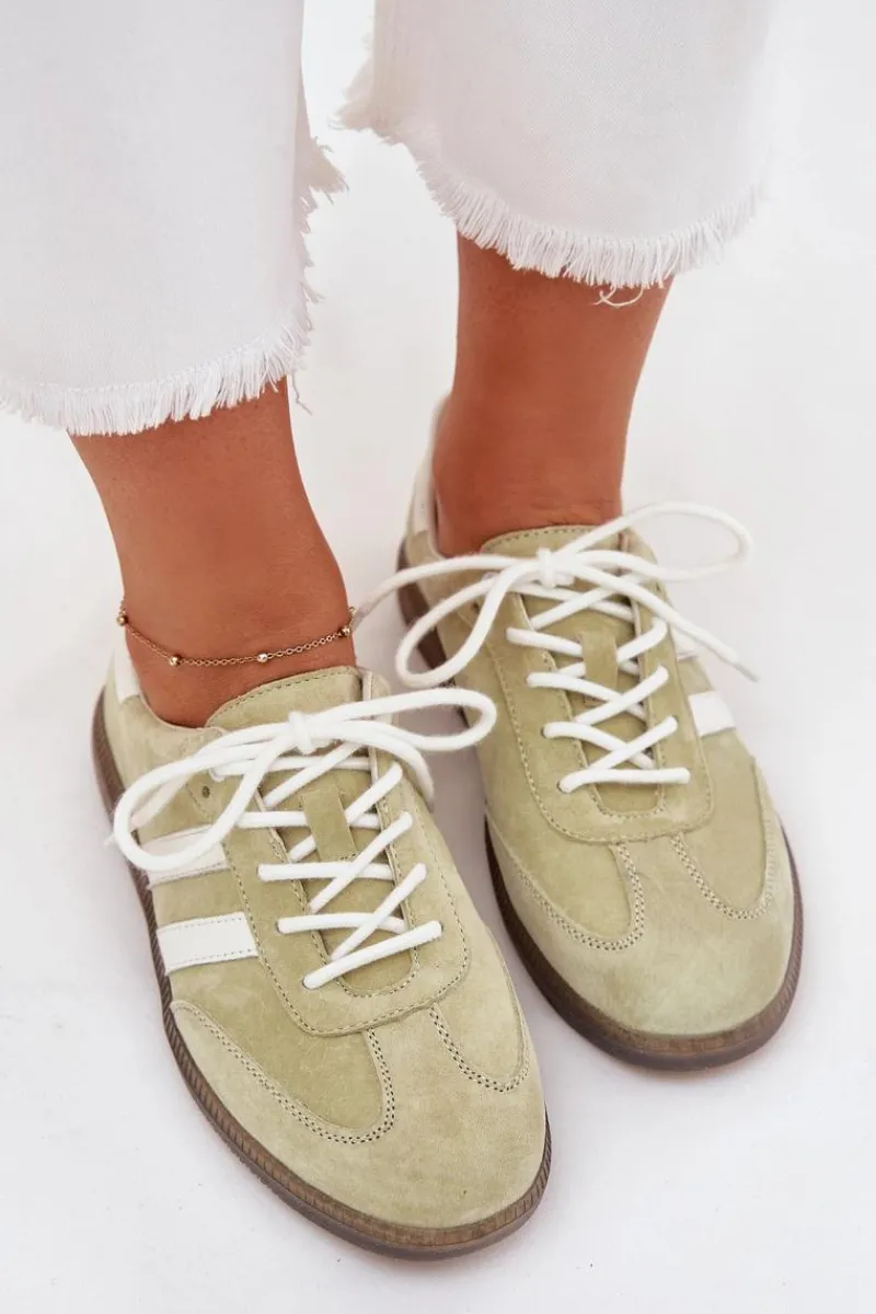 Outlet Niskie Skórzane Sneakersy Damskie Limonkowe Ismina Damskie Sneakersy Damskie