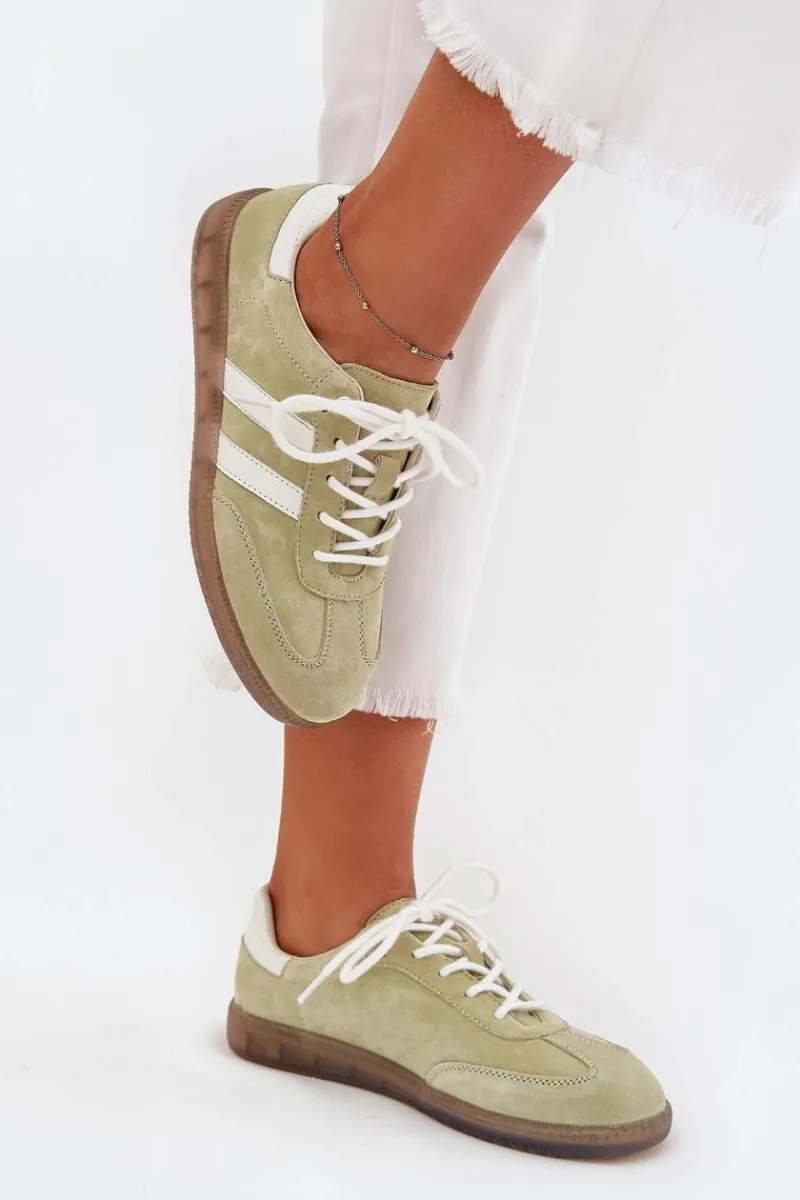 Outlet Niskie Skórzane Sneakersy Damskie Limonkowe Ismina Damskie Sneakersy Damskie