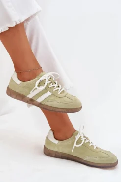 Outlet Niskie Skórzane Sneakersy Damskie Limonkowe Ismina Damskie Sneakersy Damskie