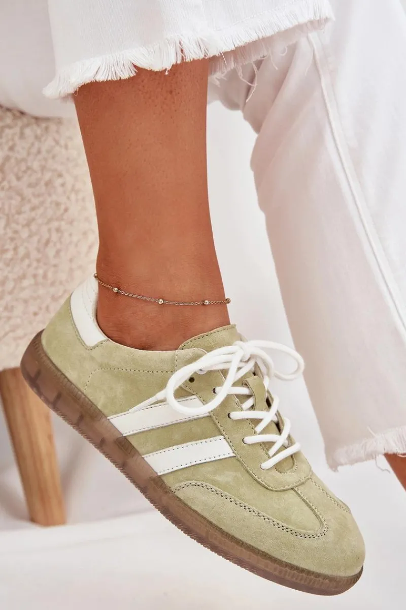 Outlet Niskie Skórzane Sneakersy Damskie Limonkowe Ismina Damskie Sneakersy Damskie