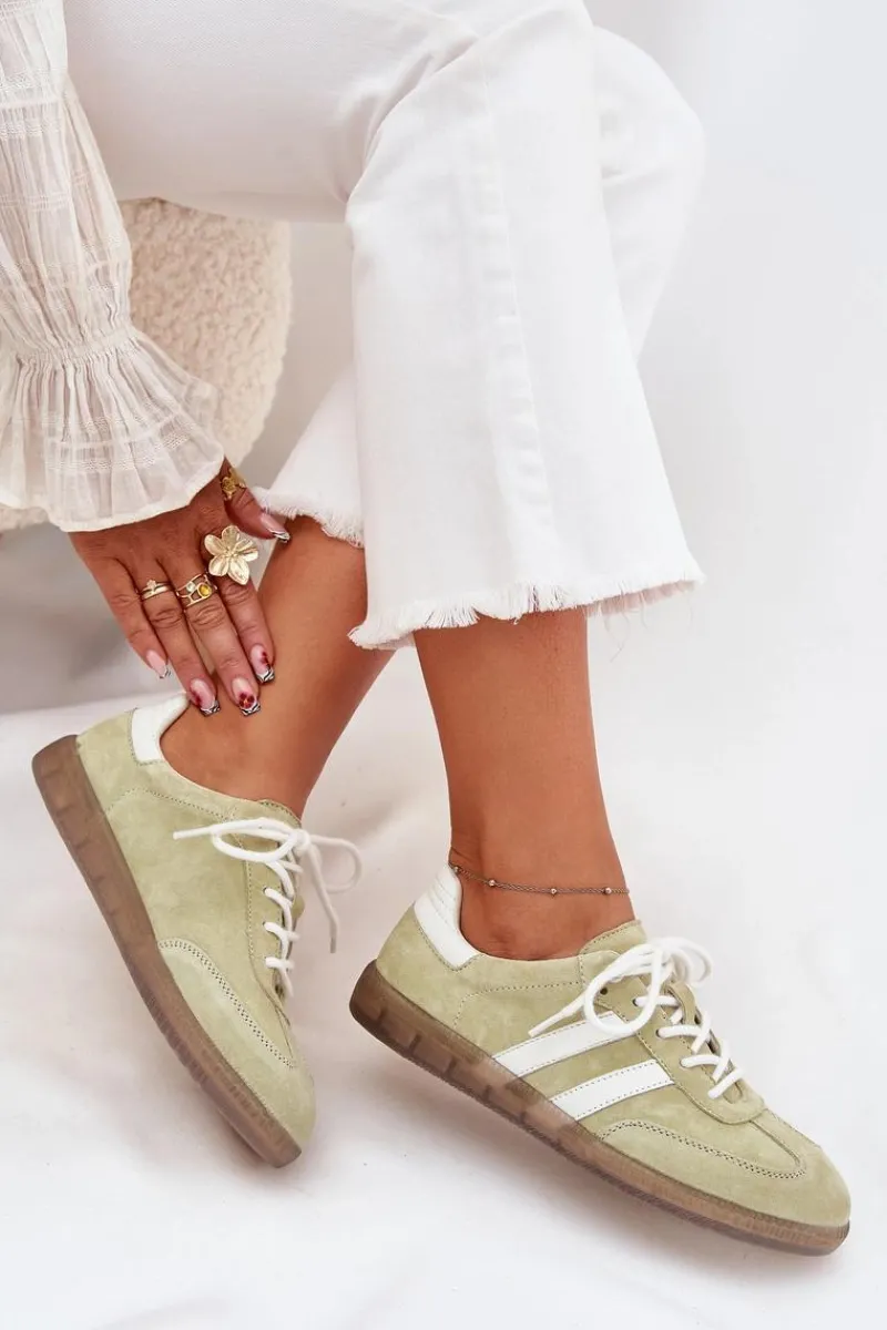 Outlet Niskie Skórzane Sneakersy Damskie Limonkowe Ismina Damskie Sneakersy Damskie