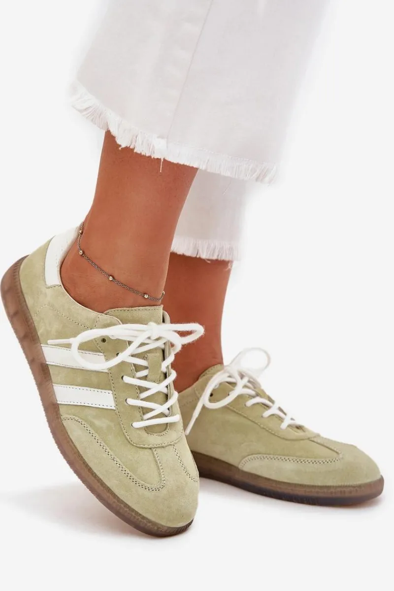 Outlet Niskie Skórzane Sneakersy Damskie Limonkowe Ismina Damskie Sneakersy Damskie