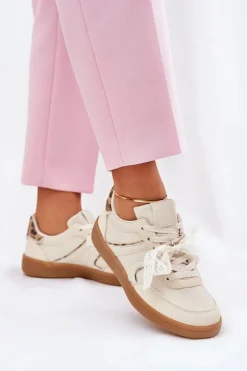 Boto Niskie Sneakersy Damskie Z Koronką Panterka Beżowe Zielle Beżowy