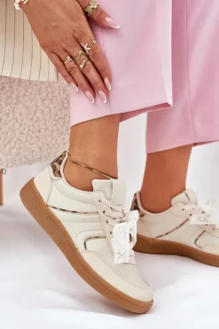 Boto Niskie Sneakersy Damskie Z Koronką Panterka Beżowe Zielle Beżowy