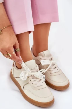 Boto Niskie Sneakersy Damskie Z Koronką Panterka Beżowe Zielle Beżowy
