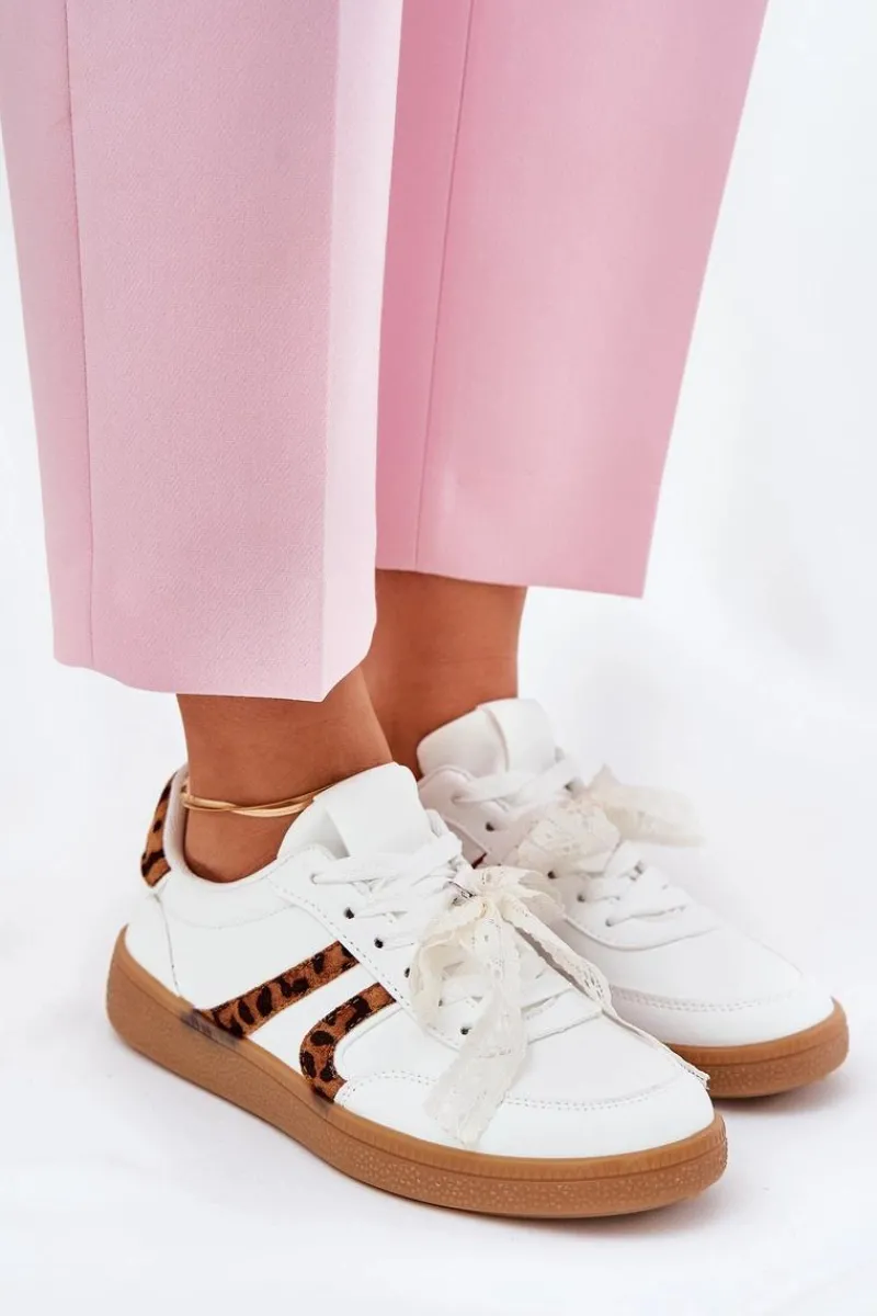 Sneakersy Damskie>Boto Niskie Sneakersy Damskie Z Koronką Panterka Białe Zielle Biały