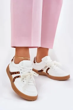 Sneakersy Damskie>Boto Niskie Sneakersy Damskie Z Koronką Panterka Białe Zielle Biały