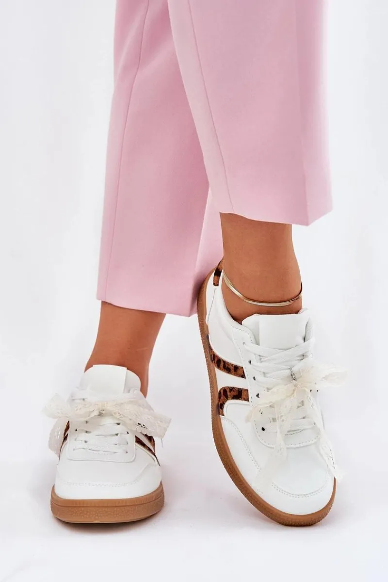 Sneakersy Damskie>Boto Niskie Sneakersy Damskie Z Koronką Panterka Białe Zielle Biały