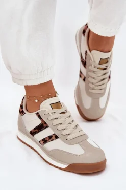 Sneakersy Damskie>Boto Niskie Sneakersy Damskie Panterka Beżowe Rulaana