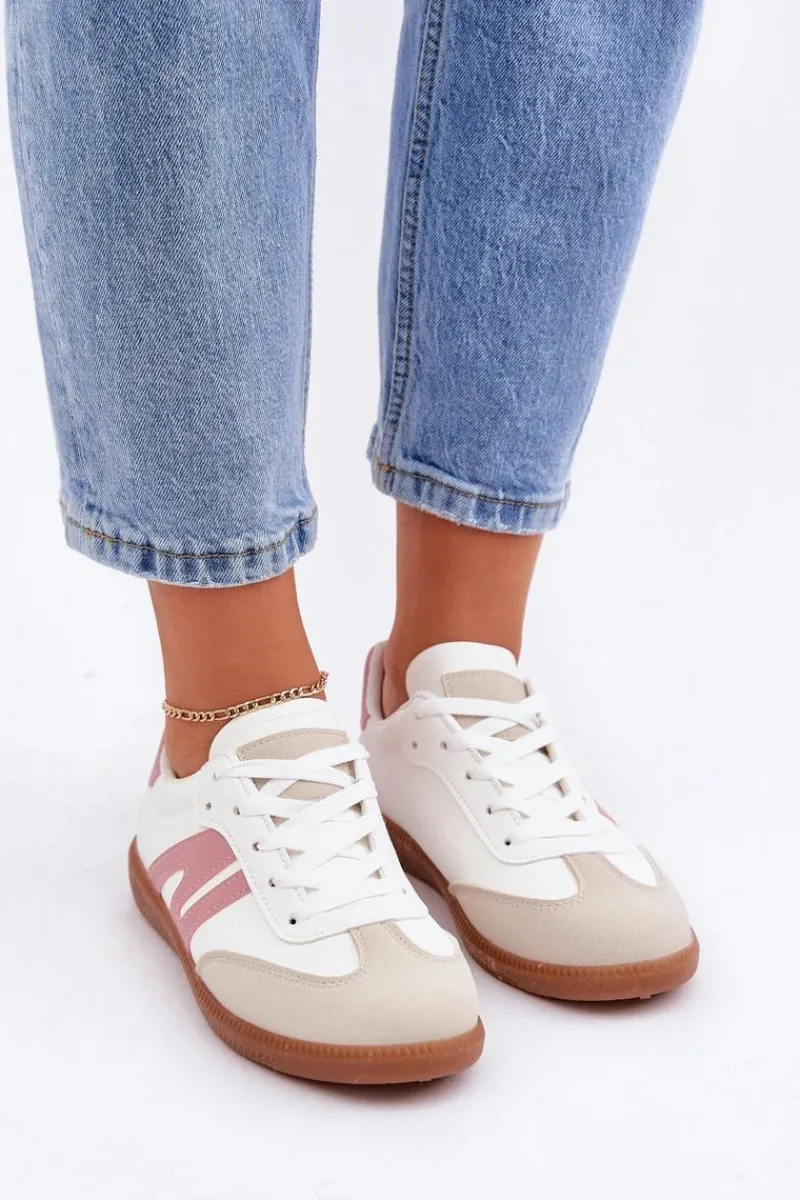 Sneakersy Damskie>Boto Niskie Sneakersy Damskie Z Eko Skóry Biało-Różowe Navidemi