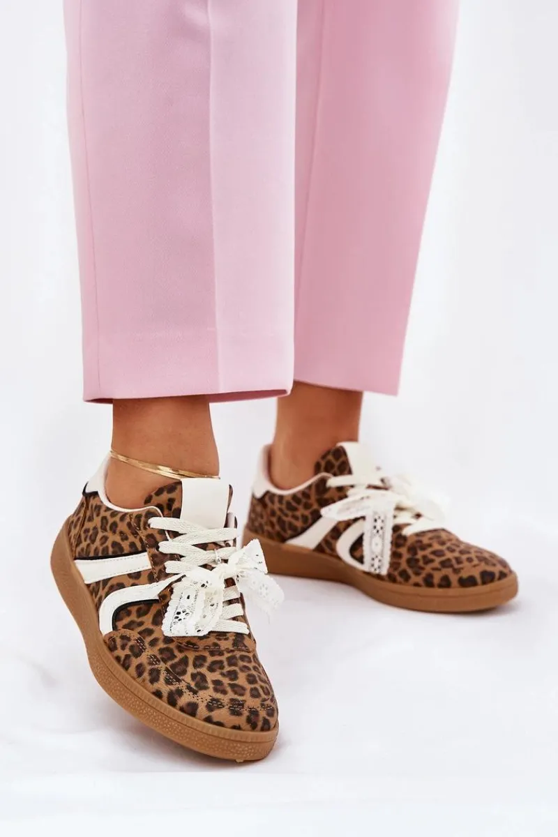 Sneakersy Damskie>Boto Niskie Sneakersy Damskie Z Koronką Panterka Brązowe Zielle Brązowy