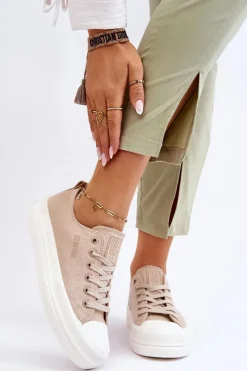 Online Niskie Sznurowane Tenisówki Big Star LL274969 Beżowe Damskie Trampki Damskie Big Star|Trampki Damskie Niskie