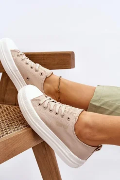 Online Niskie Sznurowane Tenisówki Big Star LL274969 Beżowe Damskie Trampki Damskie Big Star|Trampki Damskie Niskie