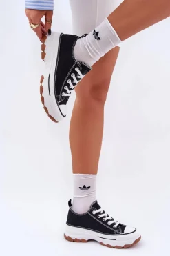 Trampki Damskie Niskie>Evento Niskie Trampki Damskie Na Platformie Czarne Aradwin Czarny