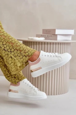 Online Boto Niskie Trampki Damskie Na Platformie Z Eko Skóry Biało-Różowo Nevelena