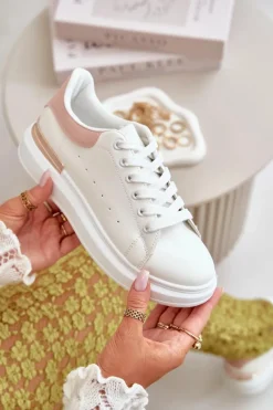 Online Boto Niskie Trampki Damskie Na Platformie Z Eko Skóry Biało-Różowo Nevelena