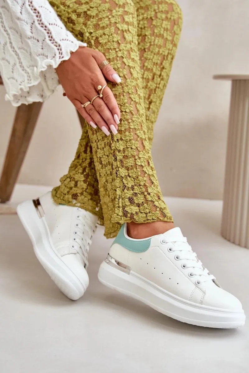 Trampki Damskie Niskie>Boto Niskie Trampki Damskie Na Platformie Z Eko Skóry Biało-Zielone Nevelena