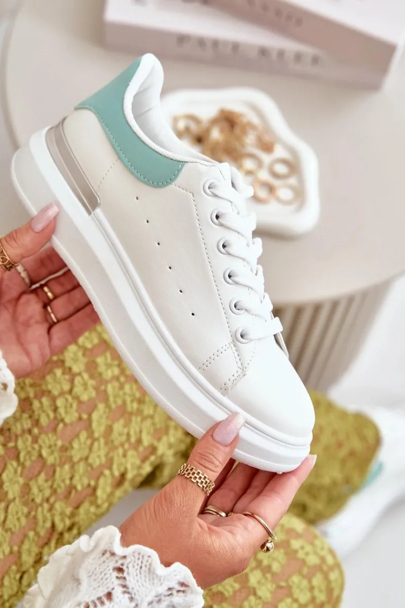 Trampki Damskie Niskie>Boto Niskie Trampki Damskie Na Platformie Z Eko Skóry Biało-Zielone Nevelena