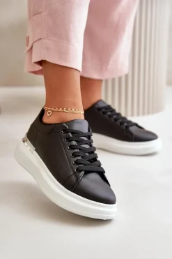 Trampki Damskie Niskie>Boto Niskie Trampki Damskie Na Platformie Z Eko Skóry Czarne Nevelena