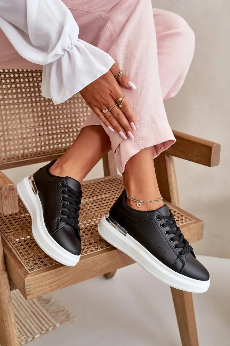 Trampki Damskie Niskie>Boto Niskie Trampki Damskie Na Platformie Z Eko Skóry Czarne Nevelena