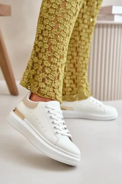 Niskie Trampki Damskie Na Platformie Z Eko Skóry Biało-Beżowe Nevelena Damskie Trampki Damskie Niskie