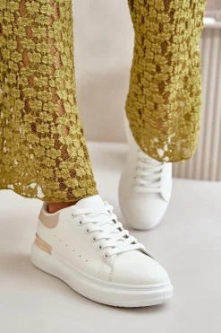 Niskie Trampki Damskie Na Platformie Z Eko Skóry Biało-Beżowe Nevelena Damskie Trampki Damskie Niskie