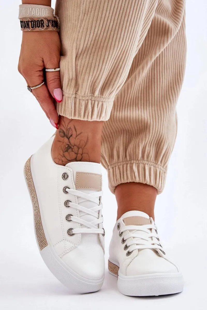 New Niskie Trampki Damskie Z Dżetami Biało-Beżowe Demira Damskie Trampki Damskie Niskie