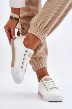 New Niskie Trampki Damskie Z Dżetami Biało-Beżowe Demira Damskie Trampki Damskie Niskie