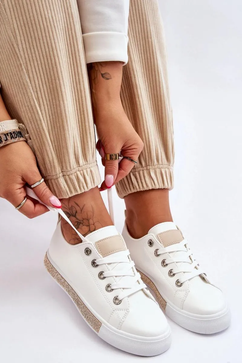 New Niskie Trampki Damskie Z Dżetami Biało-Beżowe Demira Damskie Trampki Damskie Niskie