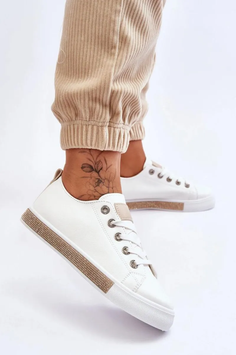 New Niskie Trampki Damskie Z Dżetami Biało-Beżowe Demira Damskie Trampki Damskie Niskie