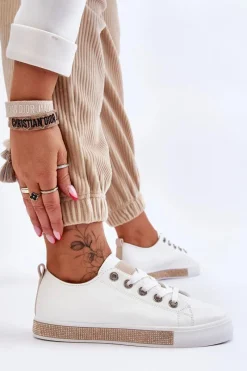 New Niskie Trampki Damskie Z Dżetami Biało-Beżowe Demira Damskie Trampki Damskie Niskie