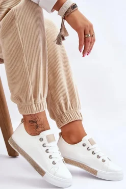 New Niskie Trampki Damskie Z Dżetami Biało-Beżowe Demira Damskie Trampki Damskie Niskie