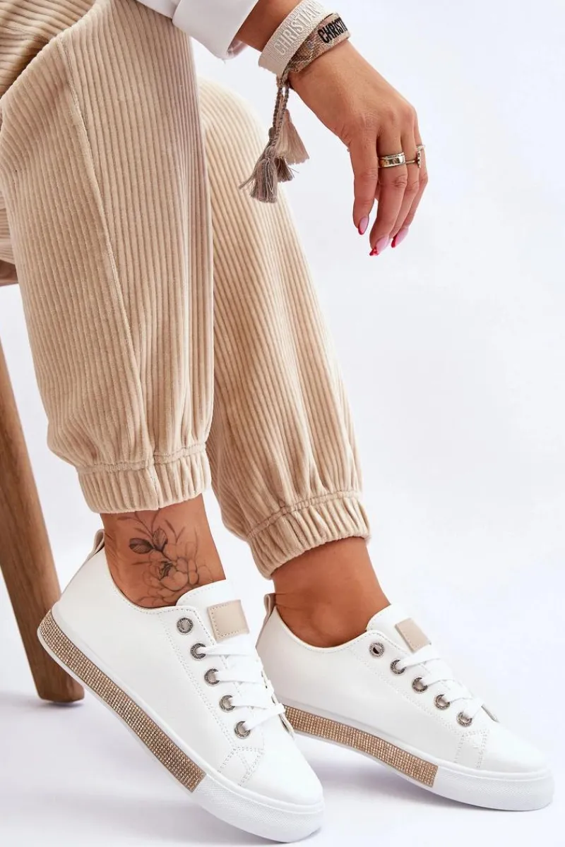 New Niskie Trampki Damskie Z Dżetami Biało-Beżowe Demira Damskie Trampki Damskie Niskie