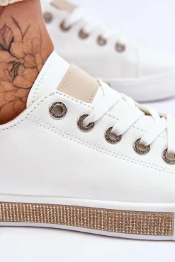 New Niskie Trampki Damskie Z Dżetami Biało-Beżowe Demira Damskie Trampki Damskie Niskie