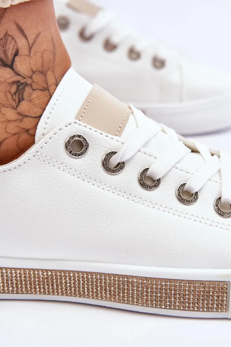 New Niskie Trampki Damskie Z Dżetami Biało-Beżowe Demira Damskie Trampki Damskie Niskie