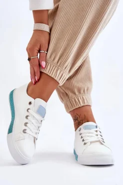 Best Niskie Trampki Damskie Z Dżetami Biało-Niebieskie Demira Damskie Trampki Damskie Niskie