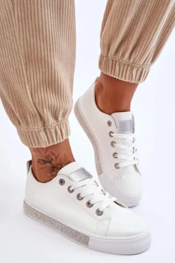 Hot Boto Niskie Trampki Damskie Z Dżetami Biało-Srebrne Demira