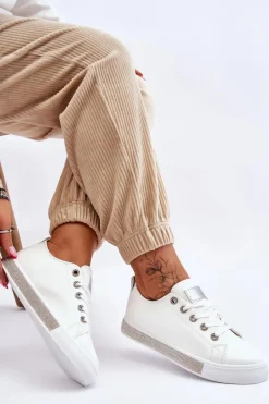 Hot Boto Niskie Trampki Damskie Z Dżetami Biało-Srebrne Demira