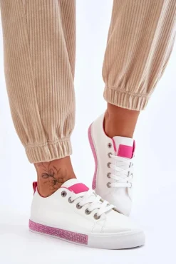 Trampki Damskie Niskie>Boto Niskie Trampki Damskie Z Dżetami Biało-Różowe Demira