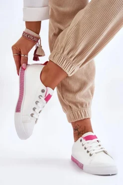 Trampki Damskie Niskie></noscript>Boto Niskie Trampki Damskie Z Dżetami Biało-Różowe Demira