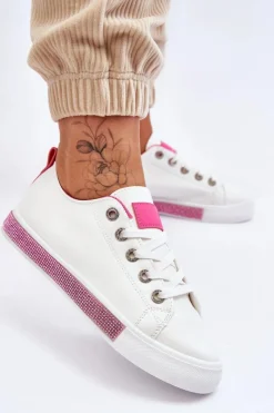 Trampki Damskie Niskie></noscript>Boto Niskie Trampki Damskie Z Dżetami Biało-Różowe Demira