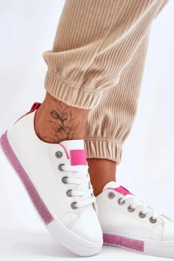 Trampki Damskie Niskie></noscript>Boto Niskie Trampki Damskie Z Dżetami Biało-Różowe Demira