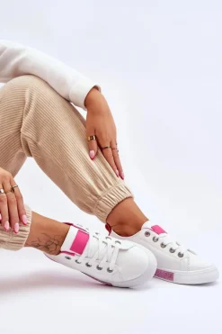 Trampki Damskie Niskie></noscript>Boto Niskie Trampki Damskie Z Dżetami Biało-Różowe Demira