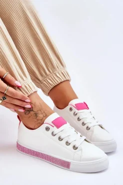 Trampki Damskie Niskie></noscript>Boto Niskie Trampki Damskie Z Dżetami Biało-Różowe Demira