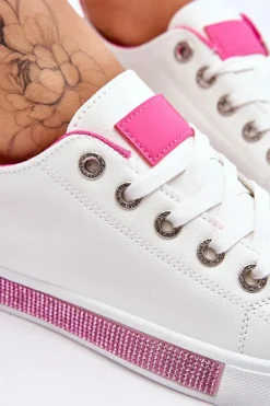 Trampki Damskie Niskie></noscript>Boto Niskie Trampki Damskie Z Dżetami Biało-Różowe Demira