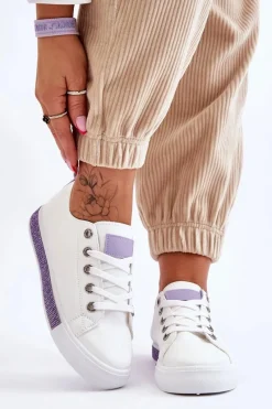 Outlet Boto Niskie Trampki Damskie Z Dżetami Biało-Fioletowe Demira