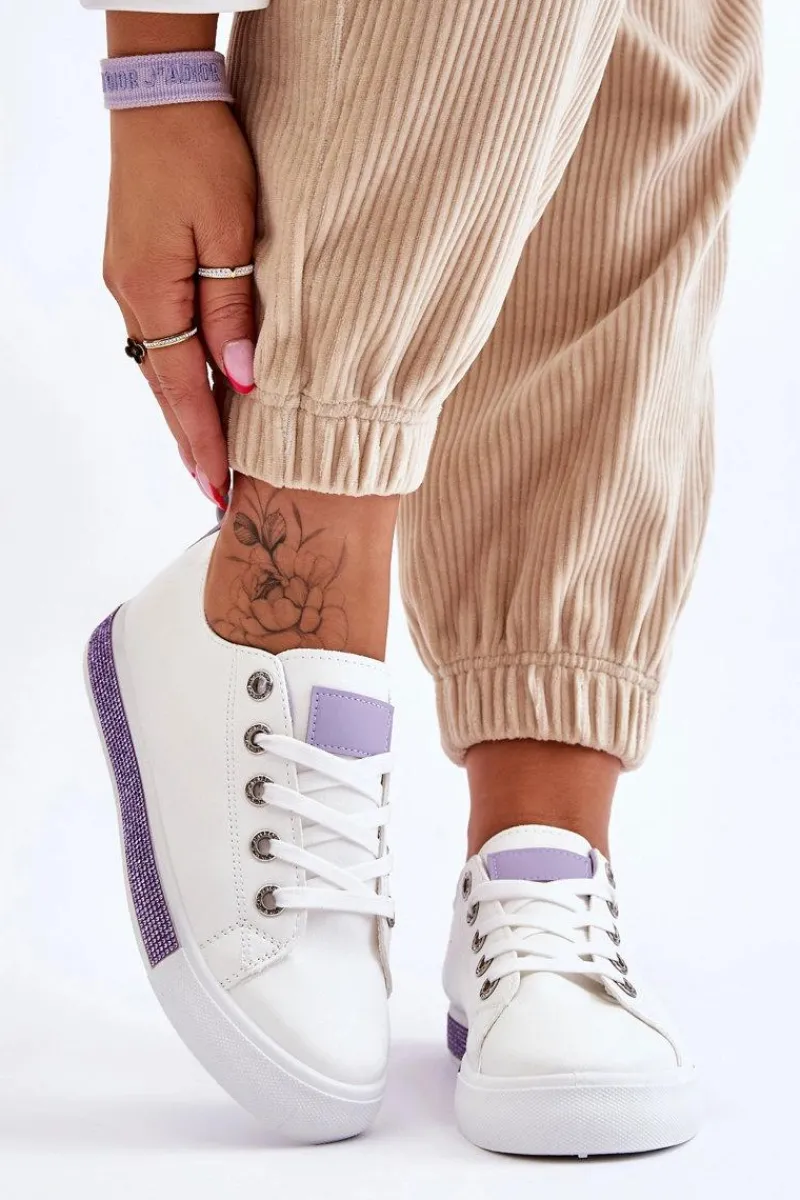 Outlet Boto Niskie Trampki Damskie Z Dżetami Biało-Fioletowe Demira